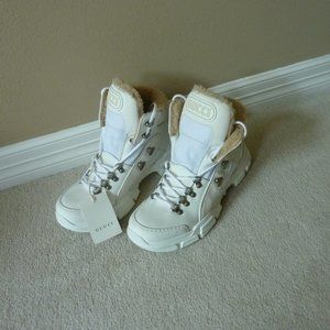 GUCCI Flashtrek Lamb Wool Sega Logo Leather High Top Fashion Sneakers, IT 41.5